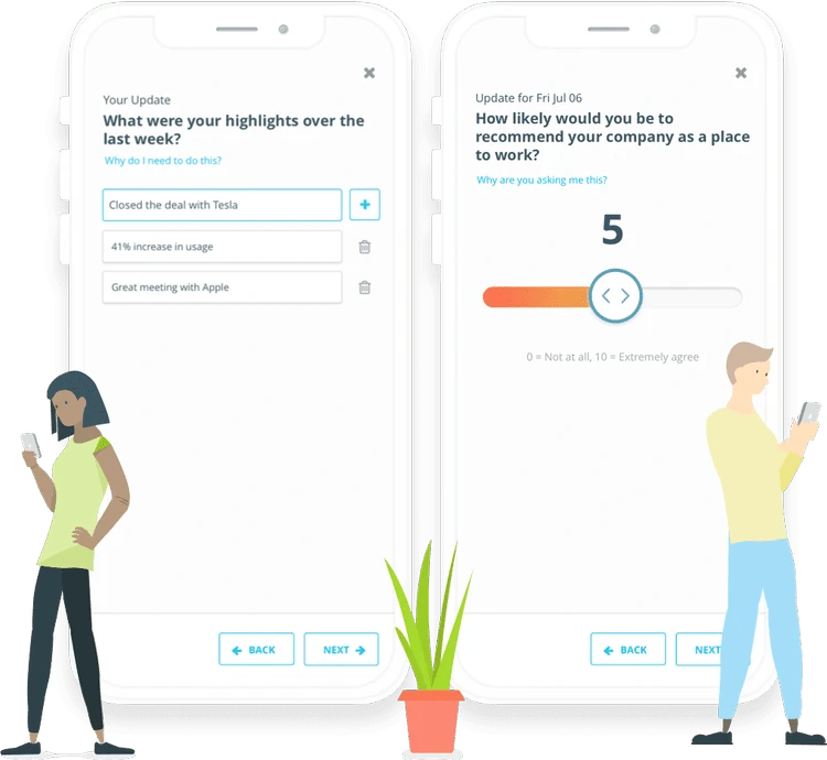 The Motivii weekly update on mobile, asking for highlights and a recommendation score