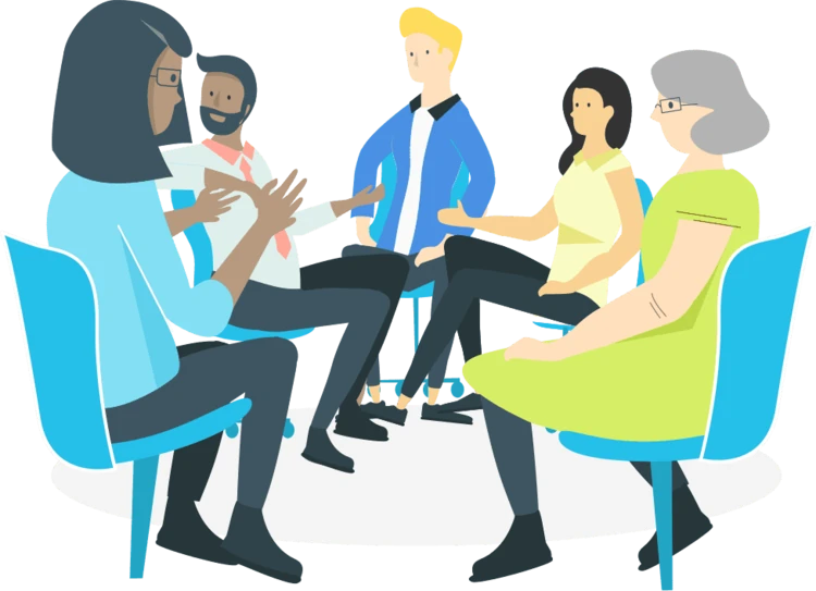 A team in conversation, illustrated in the Motivii house style